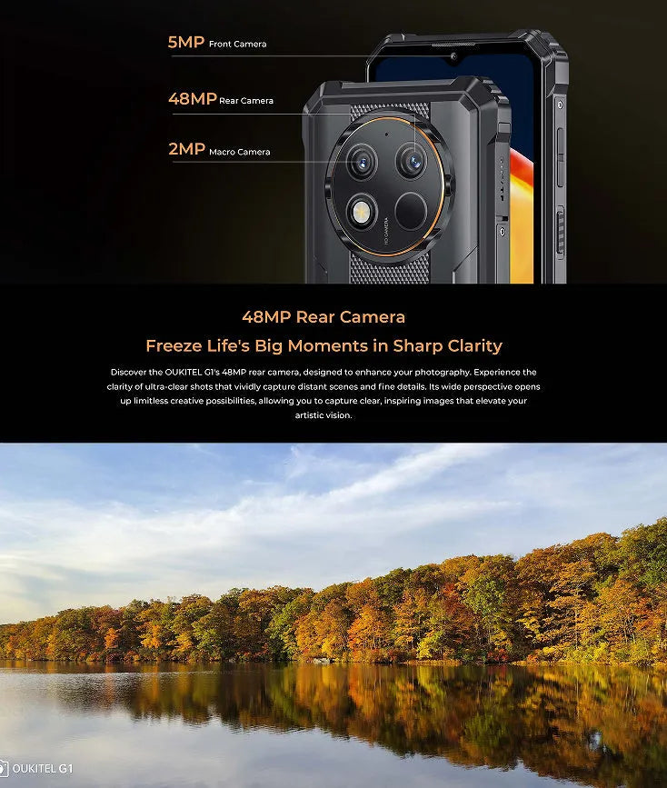 OUKITEL G1 mobile phone in grey, green, or orange colour on a plain background.