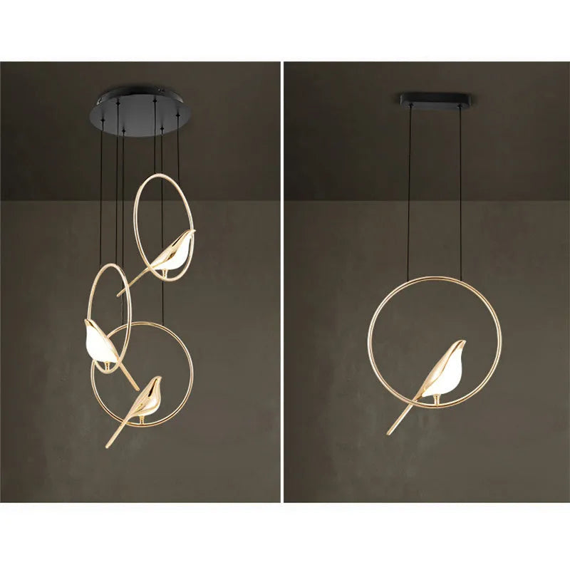 Modern minimalist magpie bird chandelier with LED lighting, measuring 35cm long by 150cm high