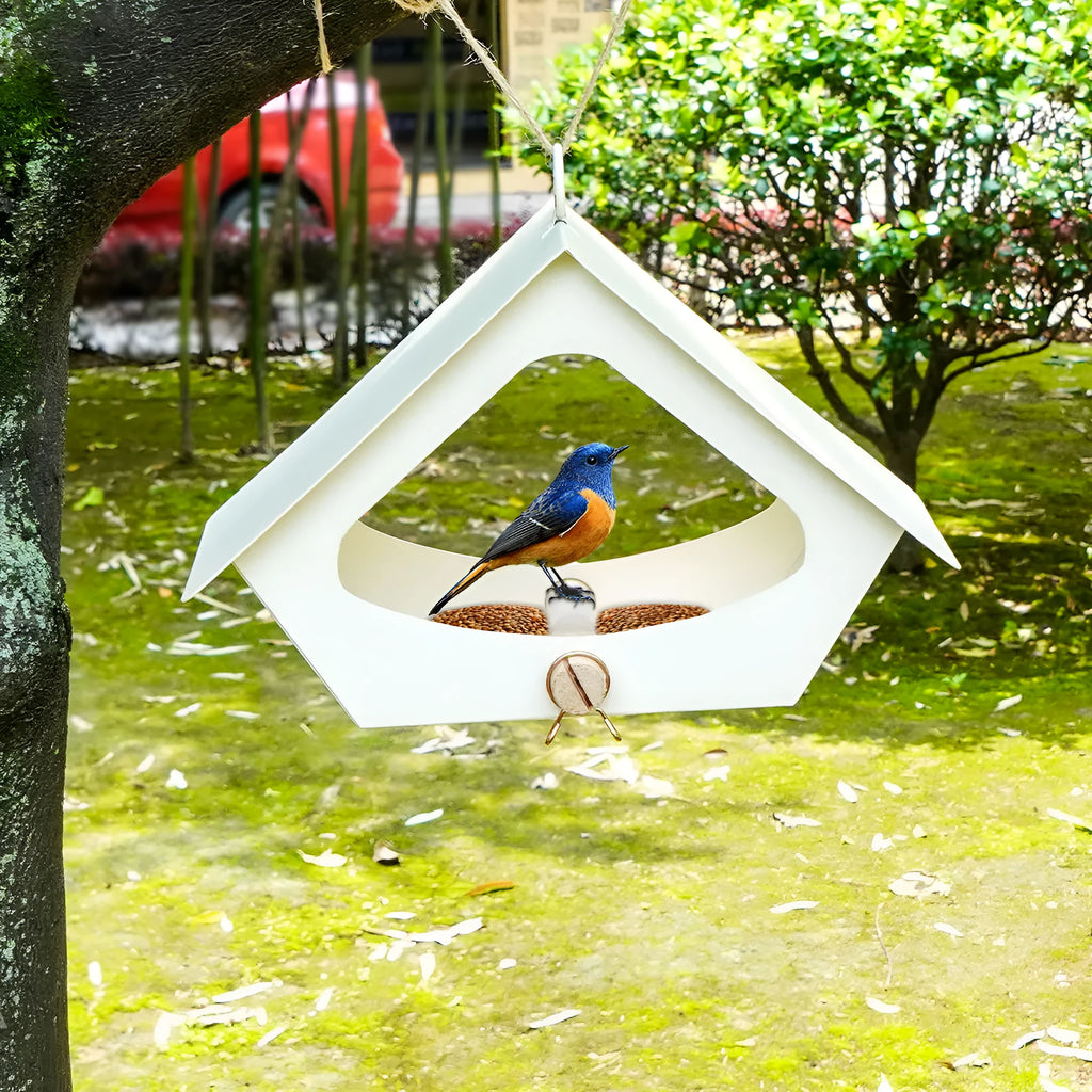 European-style modern iron bird house with anti-rain shelter in garden setting