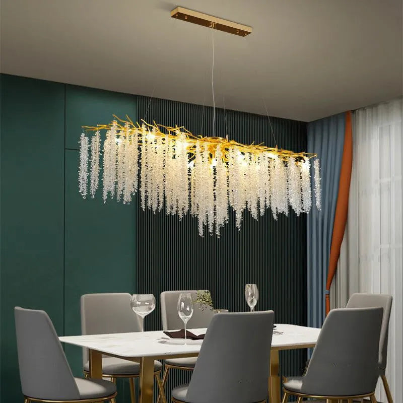 Crystal chandelier with adjustable height, LED light, and aluminium alloy body in round or long styles for large rooms