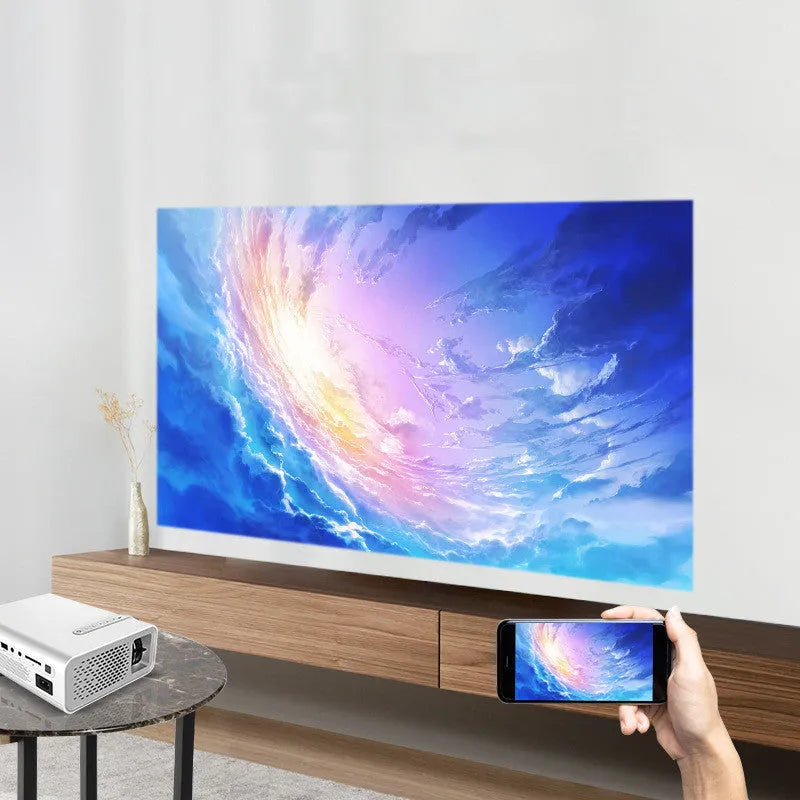 Portable HD 1080P projector with LED lens, 30-138 inch front projection, white or black, general or mobile phone screen version.