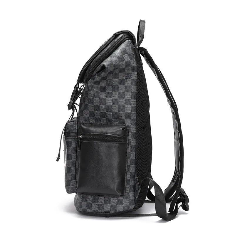 Korean casual checkered printed large backpack with curved straps in black colour variant.