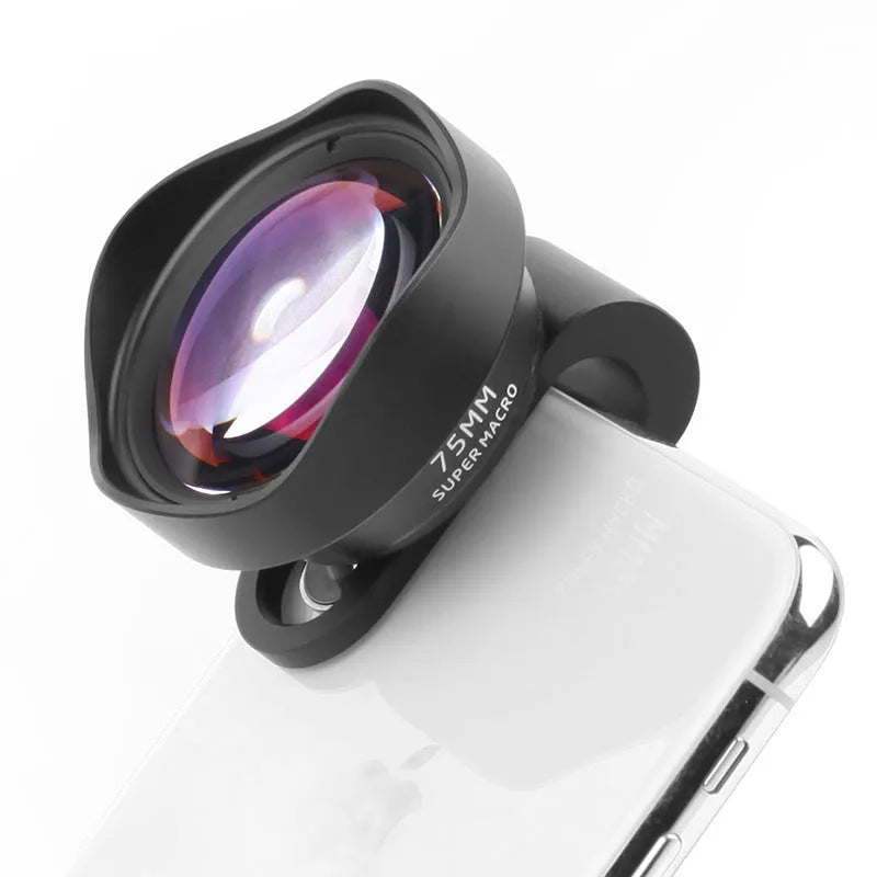 Universal mobile phone macro lens with protective cover and storage bag for close-up photography.