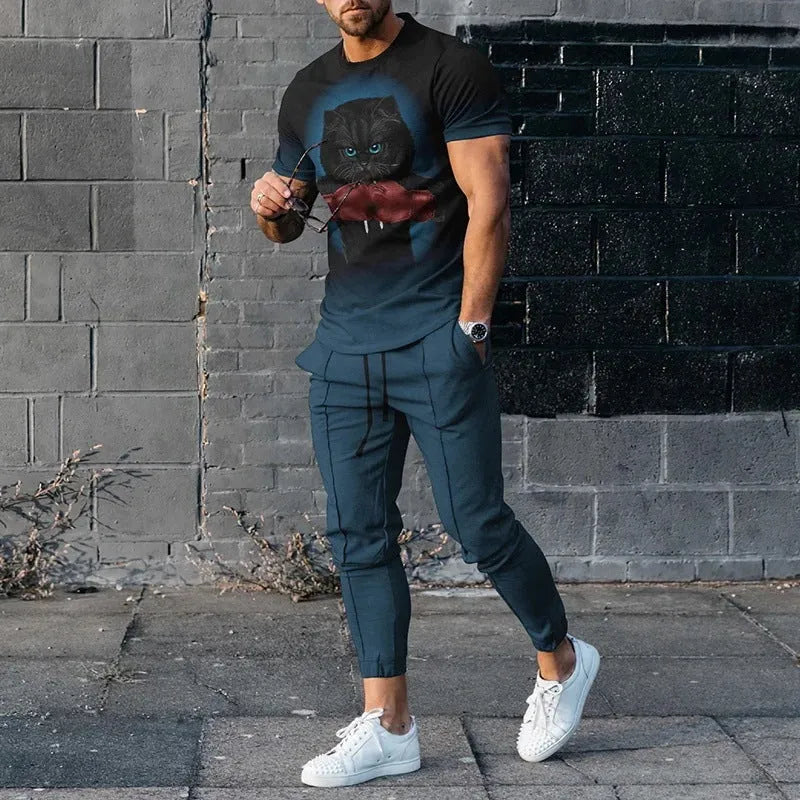 Men's short-sleeved polyester tracksuit set with trousers in various colours, sizes S to 4XL, for sports activities