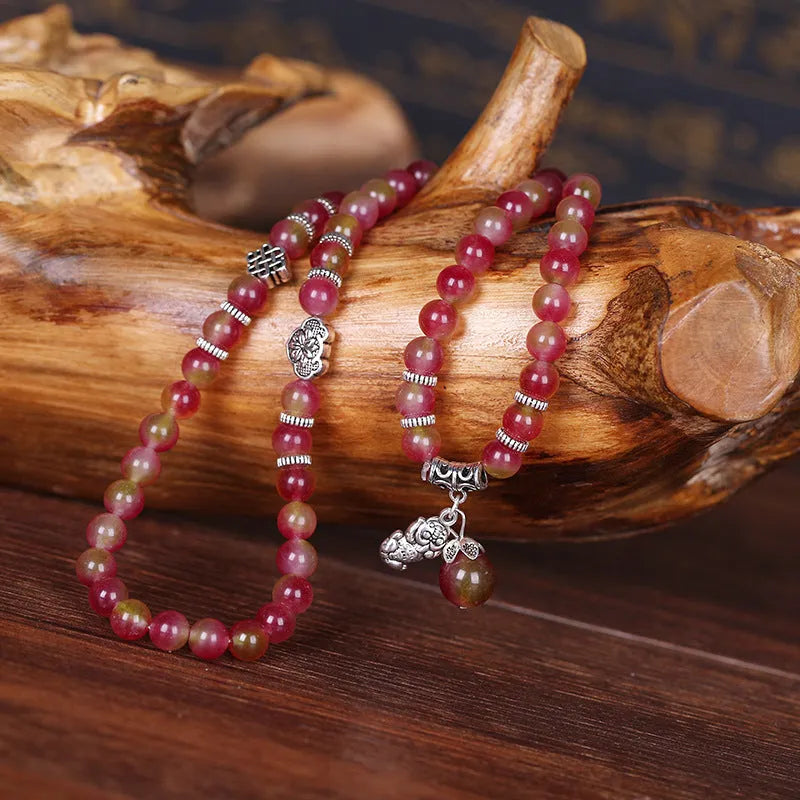 Handcrafted watermelon crystal bracelet with Chinese knot in 6mm or 8mm bead sizes