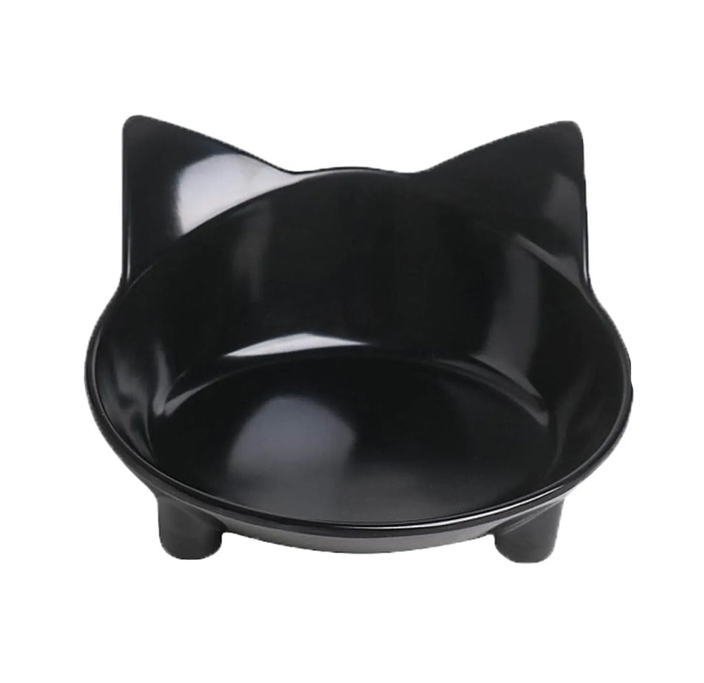 Non-slip shallow cat bowl in black or white, made from food-grade melamine with rubber base, measuring 145mm by 63mm