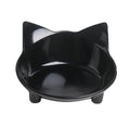 Non-slip shallow cat bowl in black or white, made from food-grade melamine with rubber base, measuring 145mm by 63mm