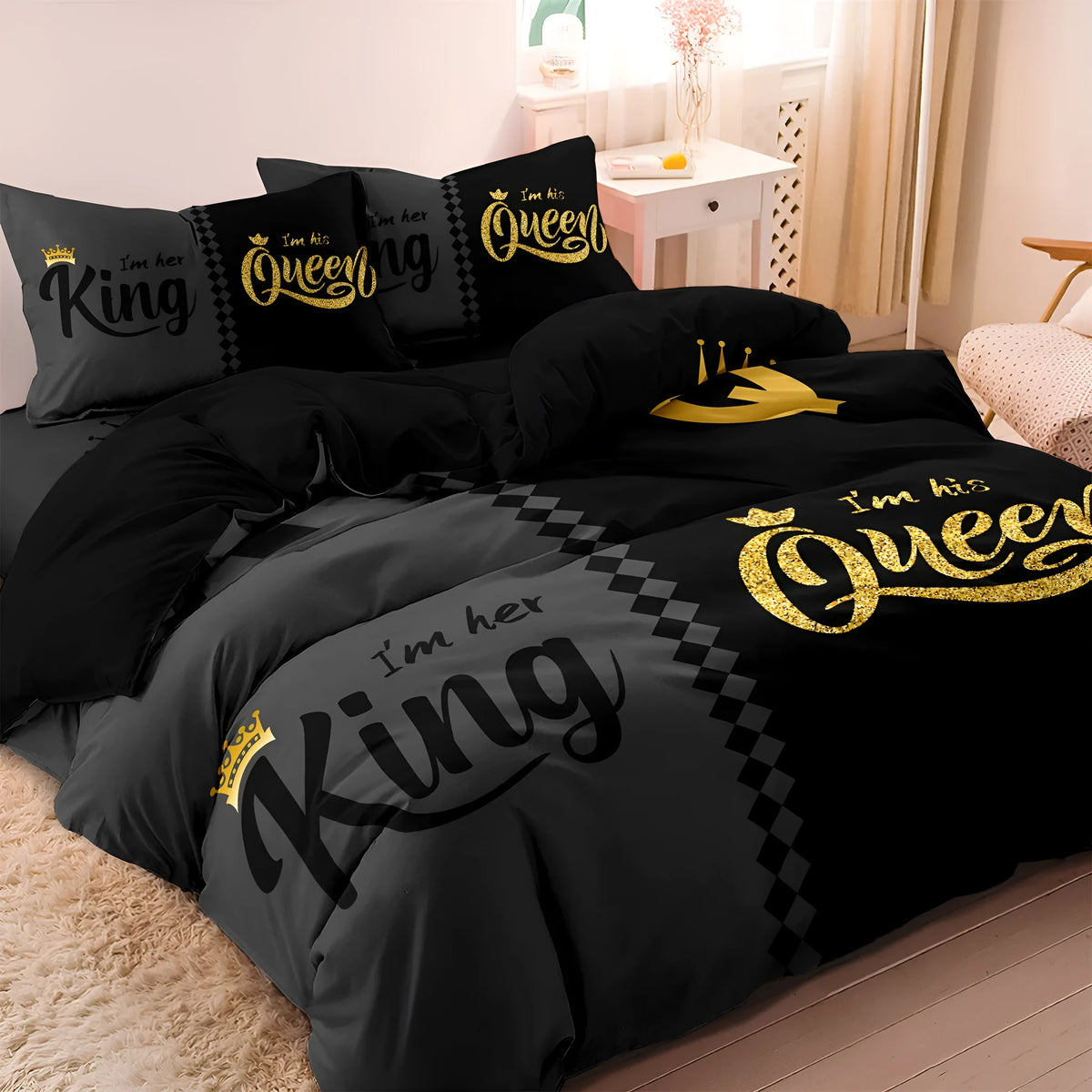Light grey modern quilt cover and two pillowcases on a bed.
