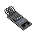 Black solar power bank with integrated charging cables showing 20000mAh capacity label