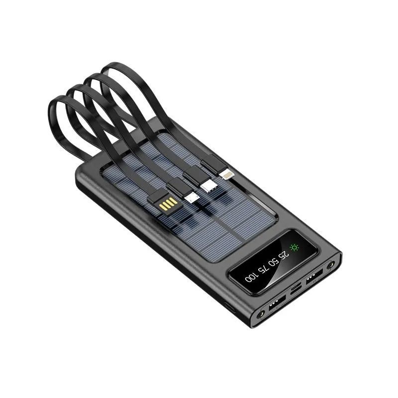 Black solar power bank with integrated charging cables showing 20000mAh capacity label