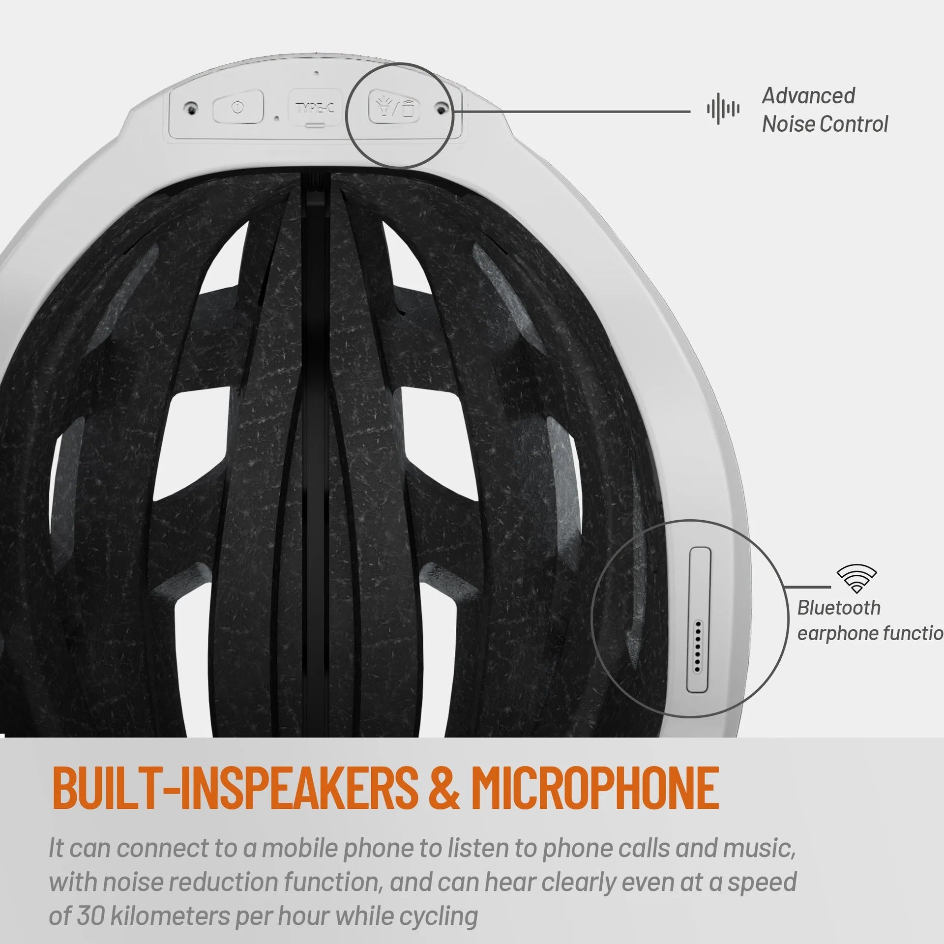 Black and grey smart cycling helmet with integrated warning lights and Bluetooth functionality