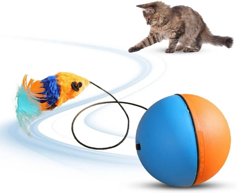 Blue and orange automatic rolling ball pet toy on a floor