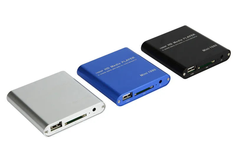 Compact black and blue Full HD 1080p media player with remote control on a wooden surface.