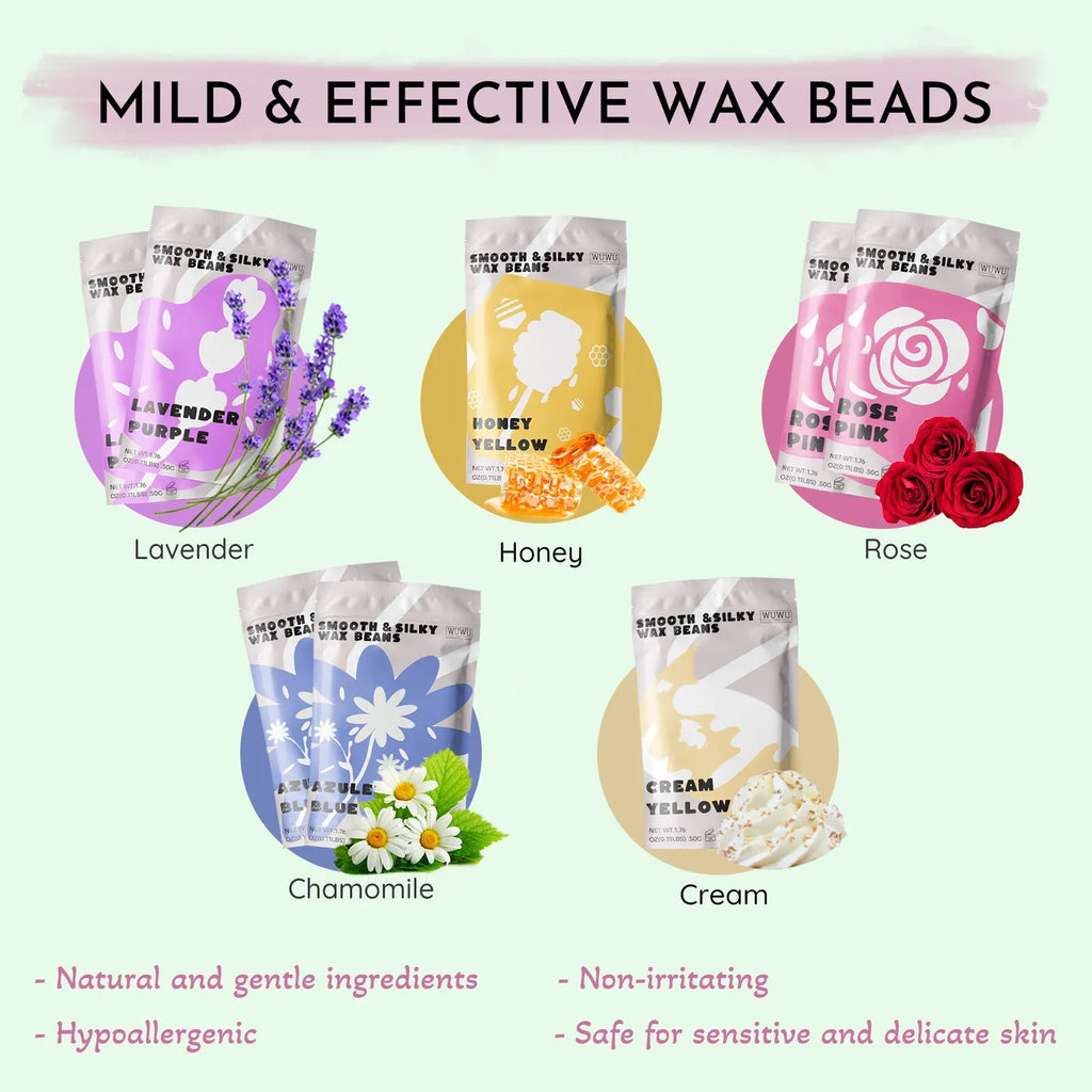 WUWUVISTA waxing kit with 200cc warmer, wax beads, and 63 pieces for home hair removal