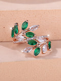 Adjustable copper leaf ring with horse eye zircon stones in multiple colour options showing botanical design