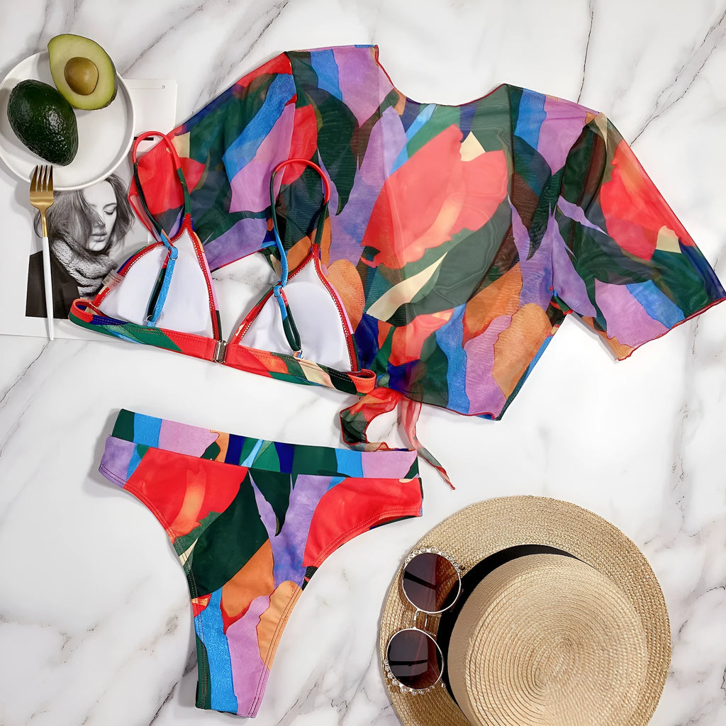 Red women's printed split swimsuit with surf styling and nylon fabric