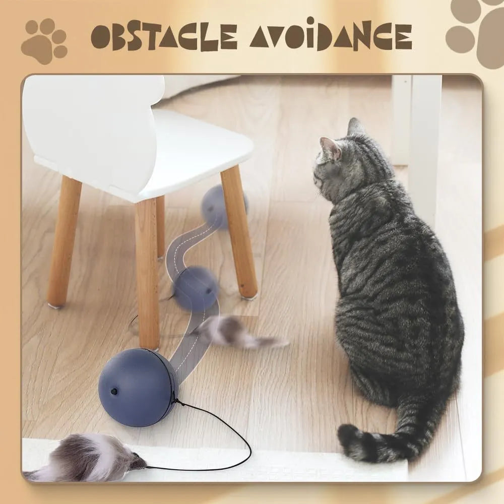 Blue and orange automatic rolling ball pet toy on a floor