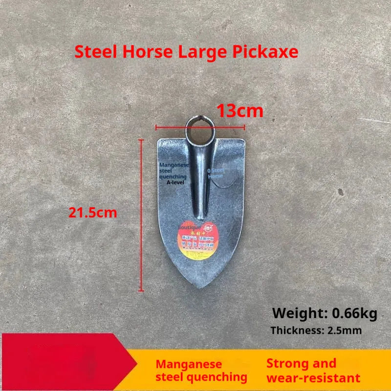 Agricultural pointed hoe with steel horse tip and stainless steel construction for garden weeding and soil preparation