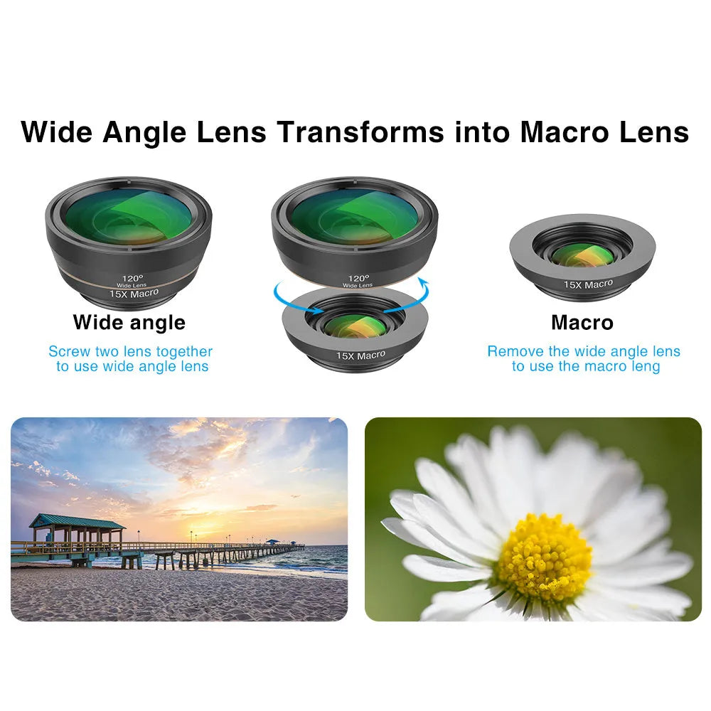 Black 6-in-1 mobile phone lens kit with fisheye, wide-angle, macro, telephoto, CPL, and star filter lenses on universal clip