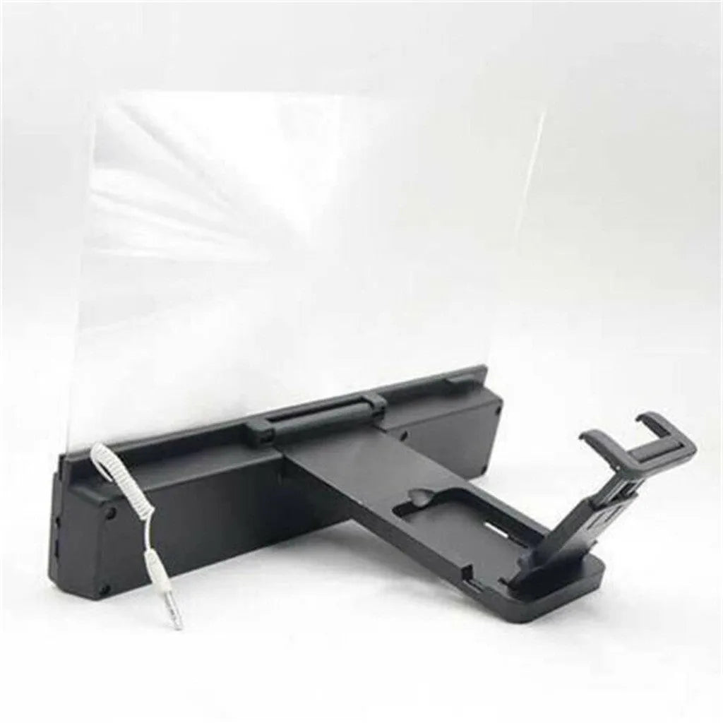 Mobile phone screen amplifier with 12-inch lens and gooseneck stand on a table, showing 3.5mm audio cable connection