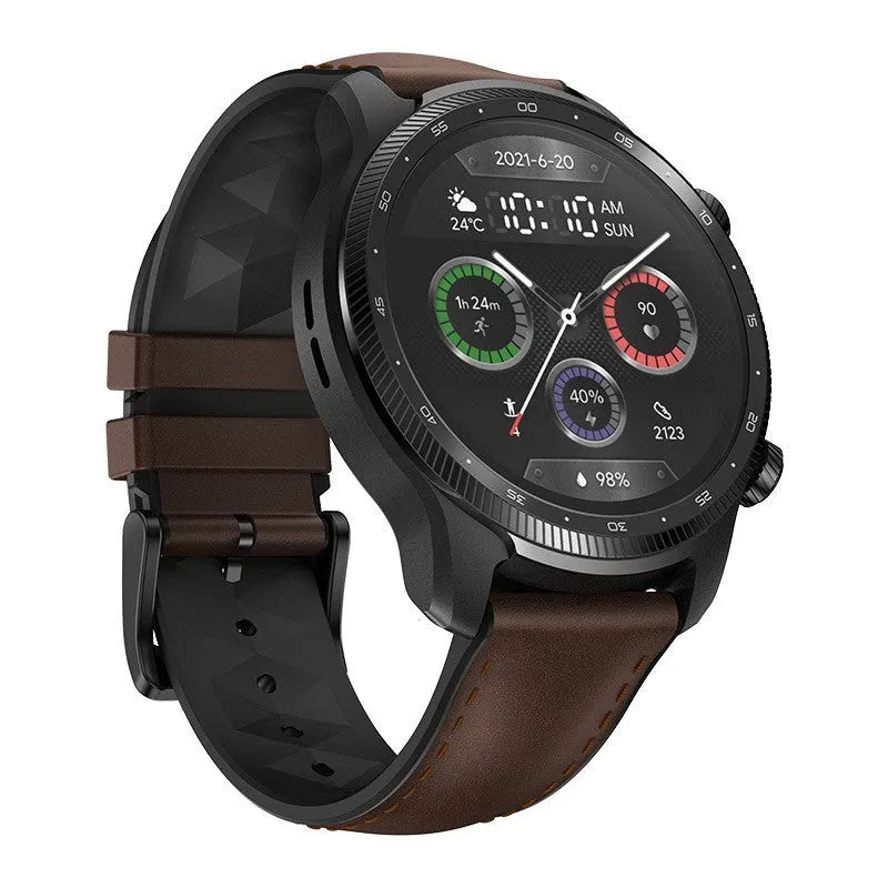 Ticwatch Pro X smart watch with 47mm diameter, dual-layer display, and black strap showing on a wrist