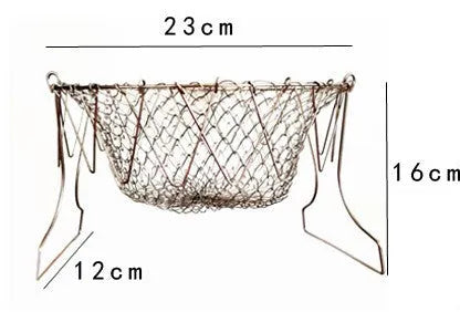 Stainless steel deep fry basket with foldable handle, showing water-permeable grid design for kitchen use