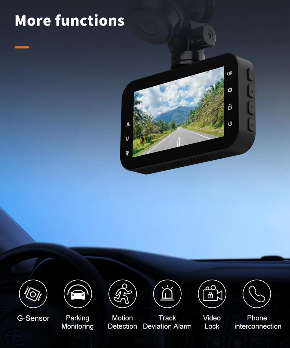 ThiEYE front and rear dash cam with 3-inch screen, suction cup mount, car charger, and waterproof rear camera