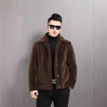 Men's double-sided faux fur polo collar jacket in dark grey, black, or dark, loose fit winter padded coat.
