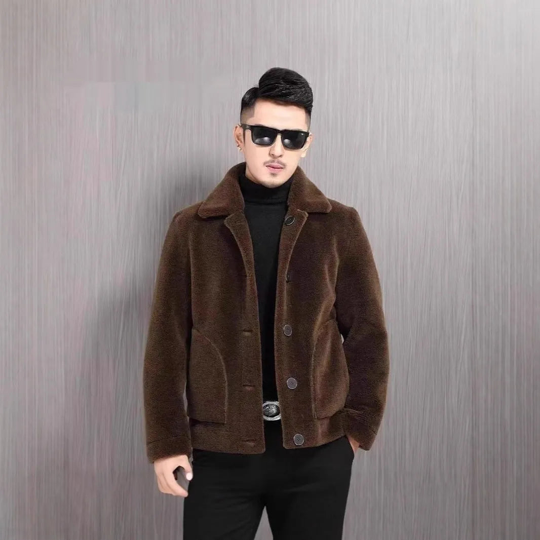 Men's double-sided faux fur polo collar jacket in dark grey, black, or dark, loose fit winter padded coat.
