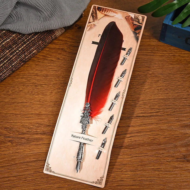 Vintage-style feather dip pen with metallic finish in choice of 10 colours for calligraphy writing