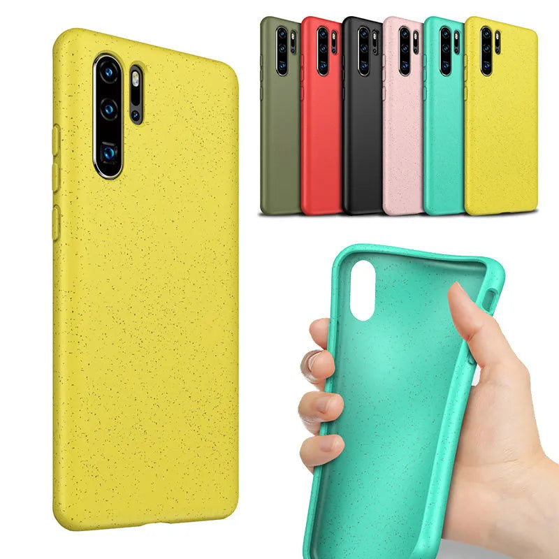 Huawei P30 mobile phone case in TPU material showing colour options: army green, black, blue, pink, red, yellow.