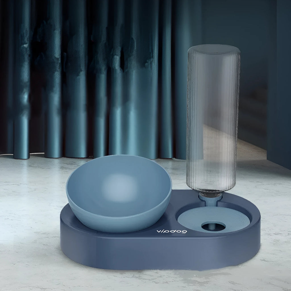 Double bowl automatic pet feeder with 600ml water bottle, adjustable 0° or 15° base, plastic bowls for small dogs and cats