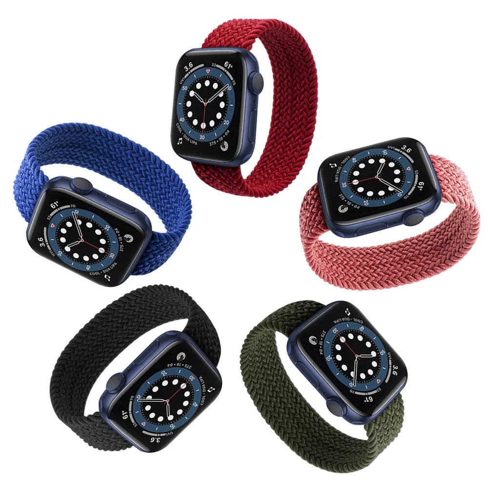 Woven Apple Watch strap in five colours with recycled yarn construction and plastic head