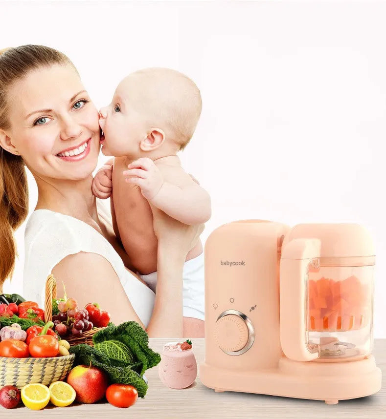 Baby food processor with steamer and blender functions in green or pink, showing 10-litre capacity and double mixing blades
