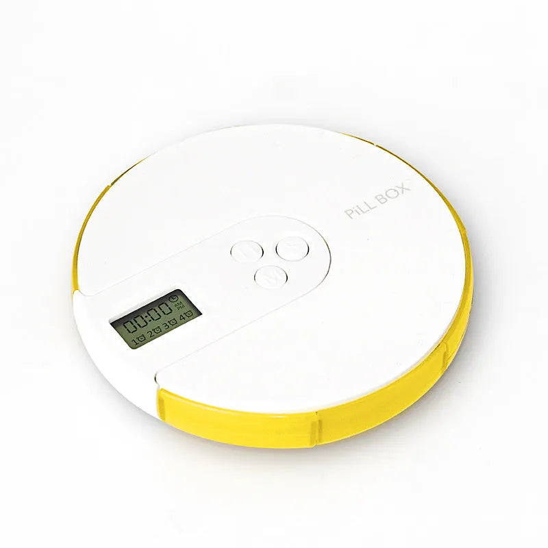 7-compartment alarm clock pill dispenser with programmable reminders, measuring 11cm by 11cm by 2.0cm