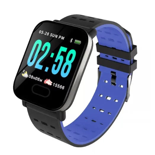 A6 smart bracelet with colour screen showing fitness metrics, silicone strap in blue, black, or orange options