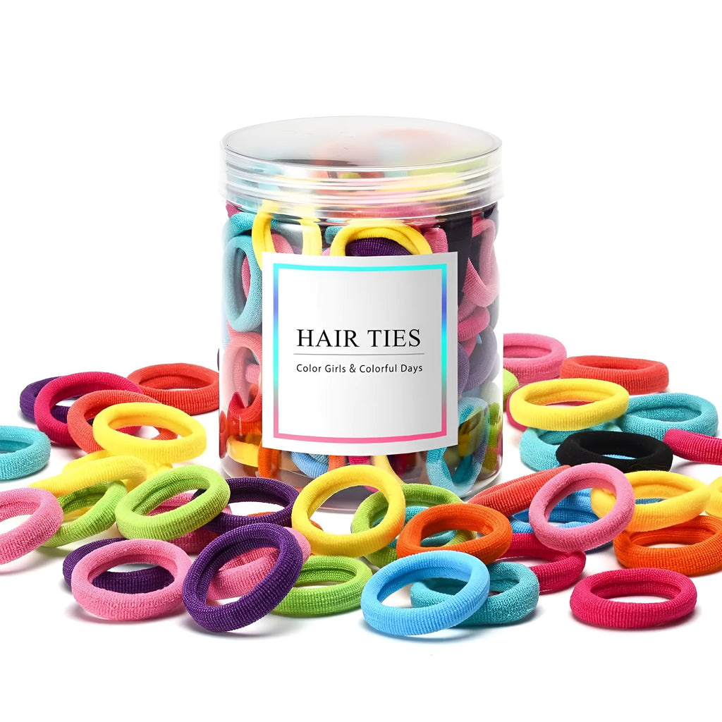 Multicoloured assortment of 100 small, seamless cotton hair ties for babies and toddlers in a jar.