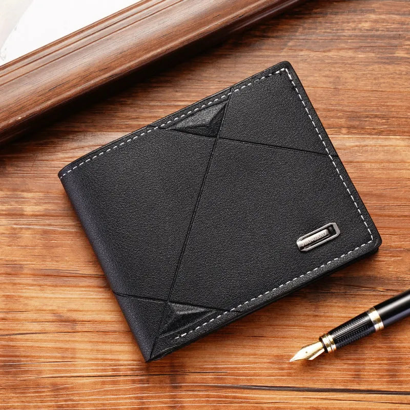 Men's thin black three-fold horizontal PU leather wallet showing multiple card slots