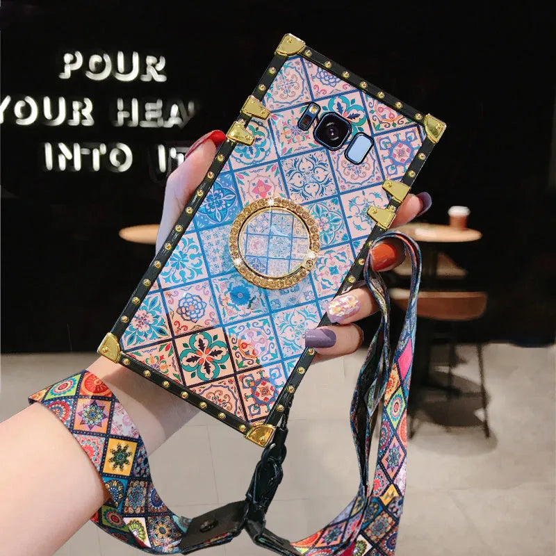 Samsung S8 silicone protective case with Bohemian style blue mirror frame in luxury square design