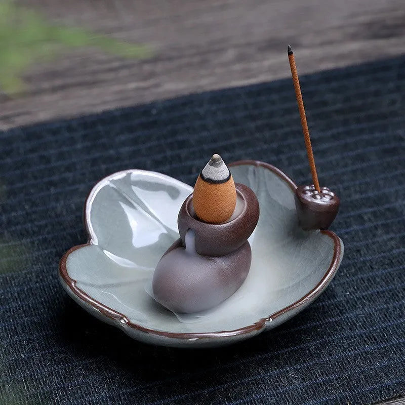 Square ceramic incense burner with Ge kiln crackle glaze showing lotus and plum blossom designs