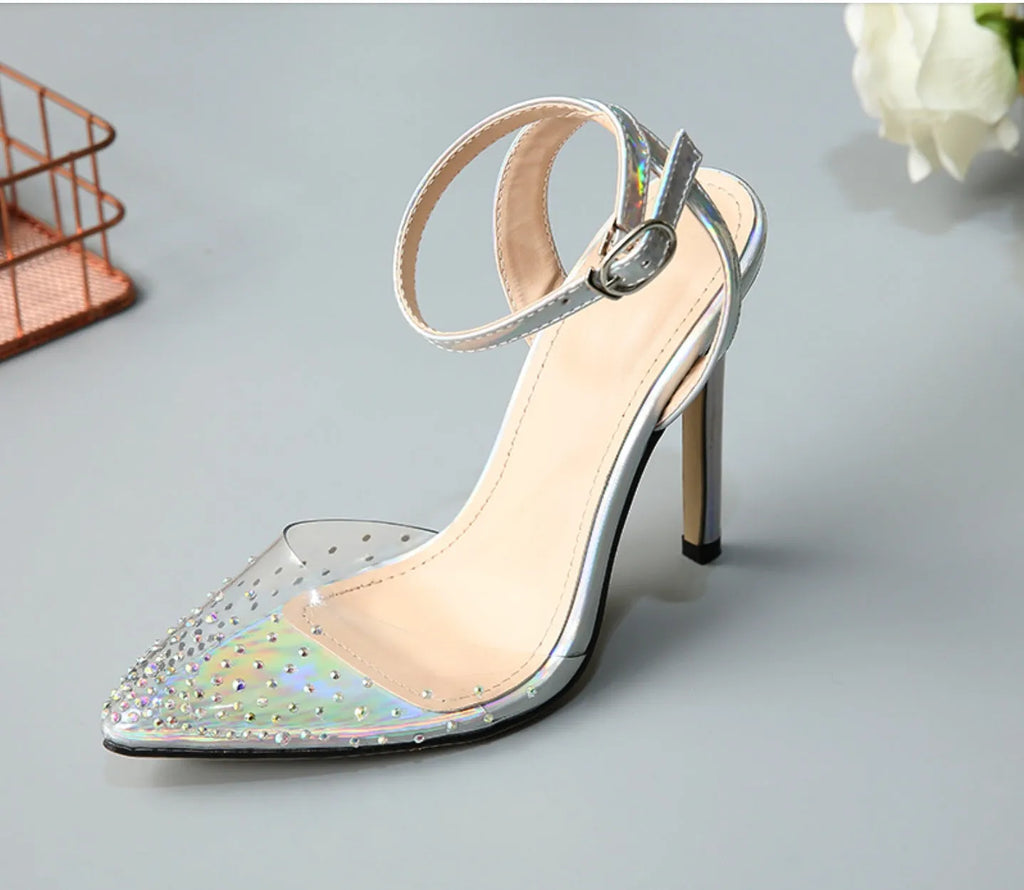 Women's pointed diamond sandals with stiletto heels, PVC upper, sizes 35-42, foot length 225-250mm