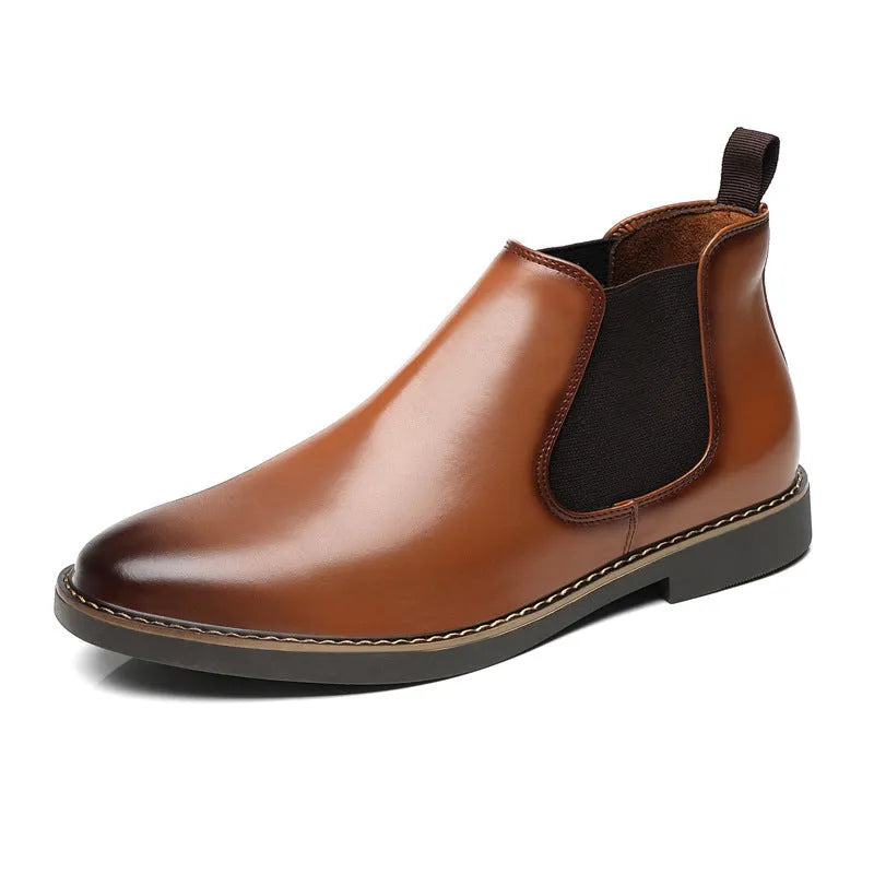 Men's black formal pointed-toe leather boots with a square rubber heel.