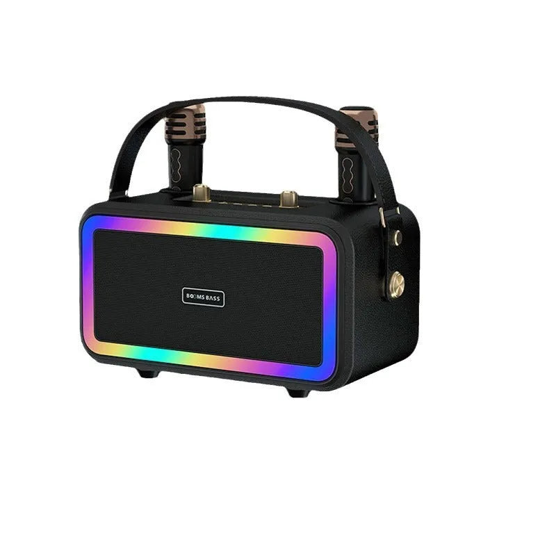 M3201 portable Bluetooth speaker in black, dark brown, or orange red with two wired microphones.