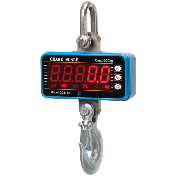 Orange electronic crane scale with digital display showing weight measurement for logistics applications