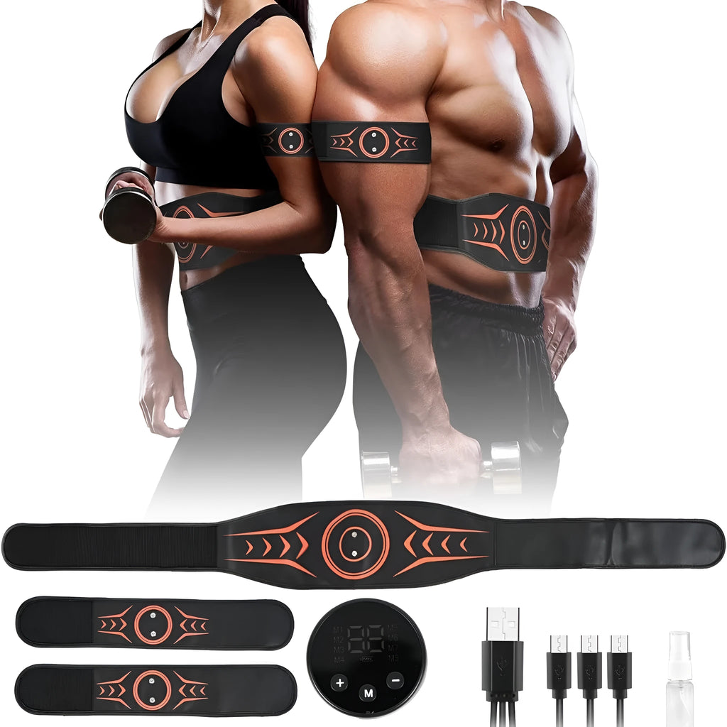 Rechargeable EMS abdominal belt with adjustable strap and arm stickers for muscle stimulation training
