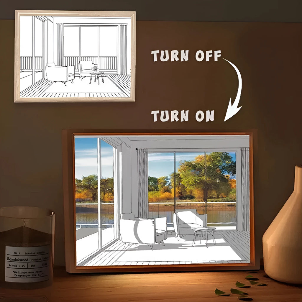 Modern rectangular acrylic LED light painting showing a serene landscape scene, illuminated from behind on a bedside table.