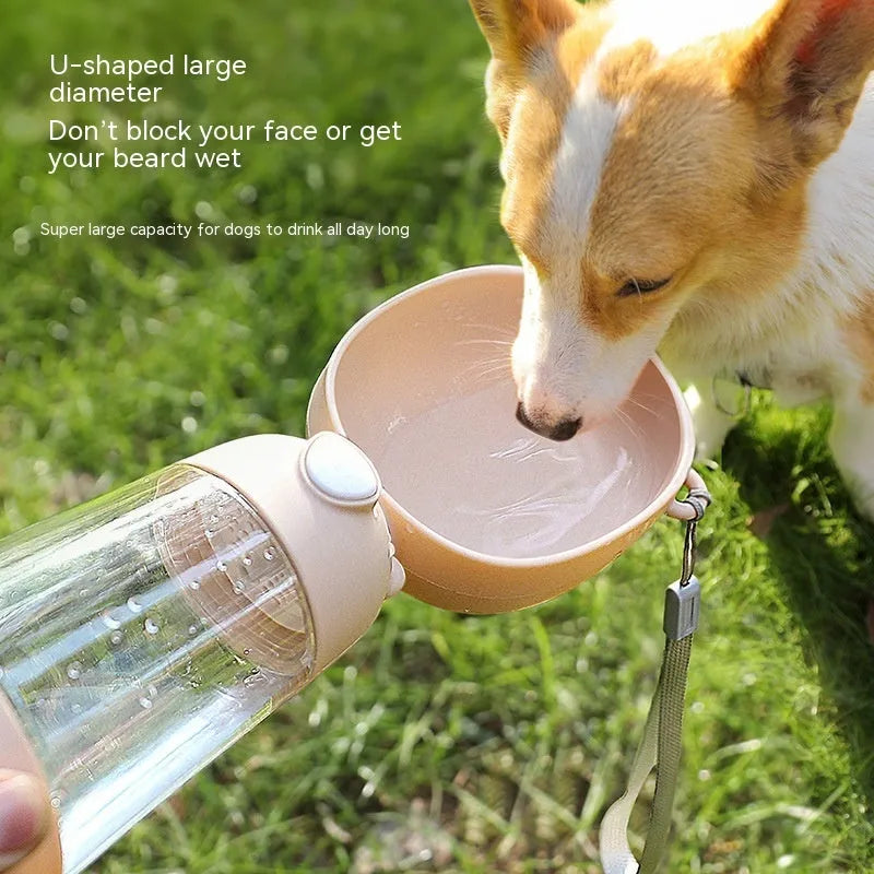 Portable dog water bottle with integrated bowl in brown, pink, and yellow colour options