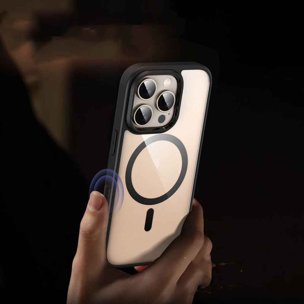 Clear black magnetic protective case for iPhone 16 with visible airbag corners on a white background.