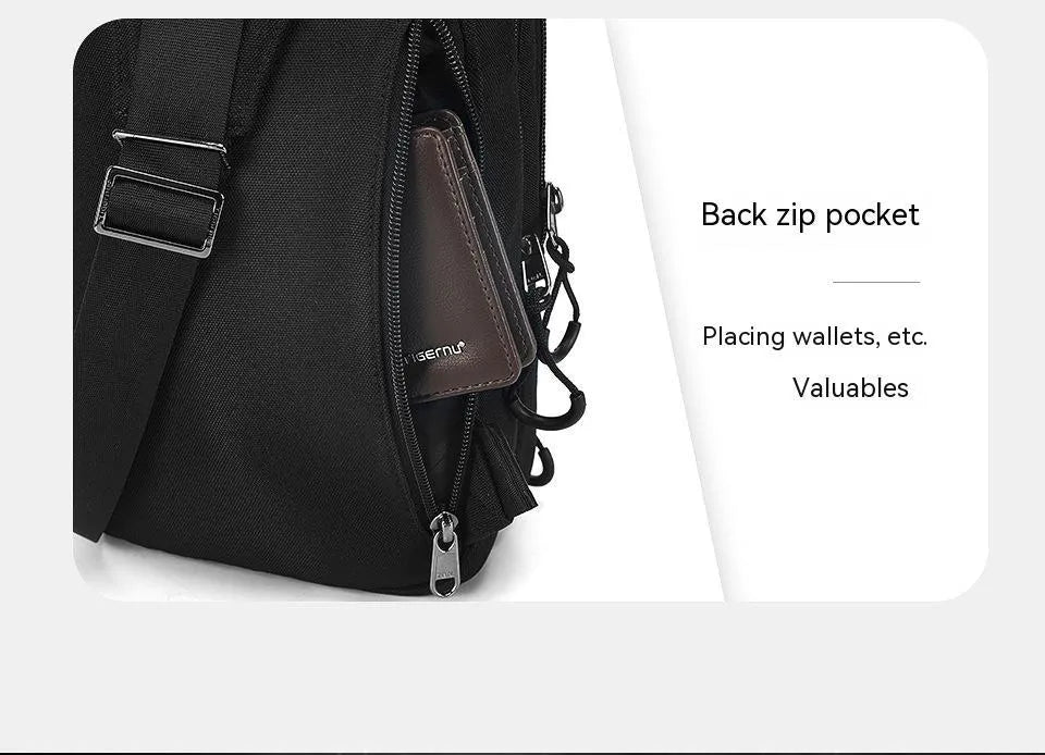 Casual black TPU camouflage chest bag with landscape pattern, showing single shoulder strap and soft handle