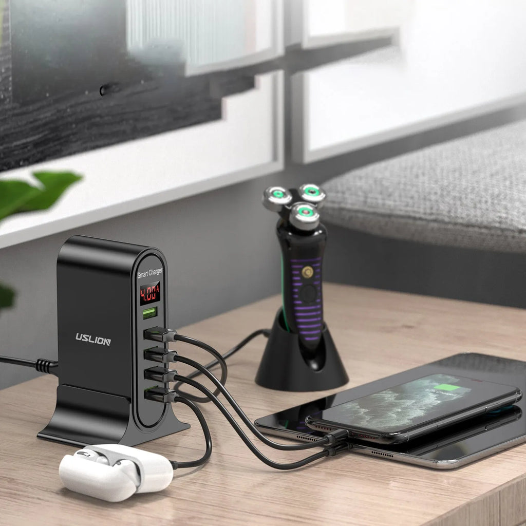 Smart LED digital display charger in black or white with USB interface and plug styles